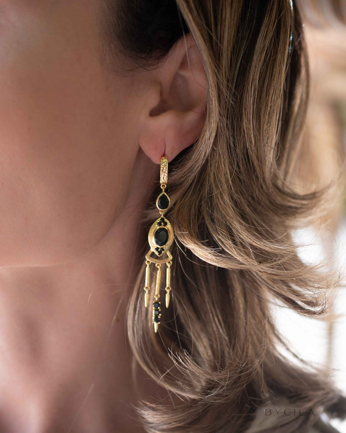 Black Onyx Earrings Stud Gold Plated 18k * Post * Gemstone * Statement * handmade * Long* bohemian * ByCila * BJE222