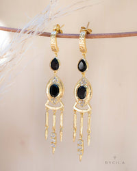 Black Onyx & Cubic Zirconia Earrings Stud Gold Plated 18k * Post * Gemstone * Statement * handmade * Long* bohemian * ByCila * BJE221