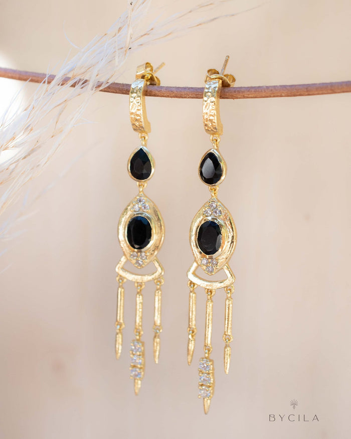 Black Onyx & Cubic Zirconia Earrings Stud Gold Plated 18k * Post * Gemstone * Statement * handmade * Long* bohemian * ByCila * BJE221