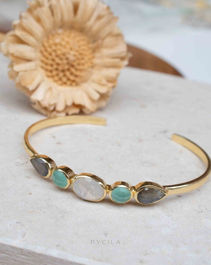 Aqua Chalcedony,Labradorite & Moonstone Bangle Bracelet * Gold Plated, Rose Gold Plated or Silver Plated* Gemstone * Adjustable * BJB042 *