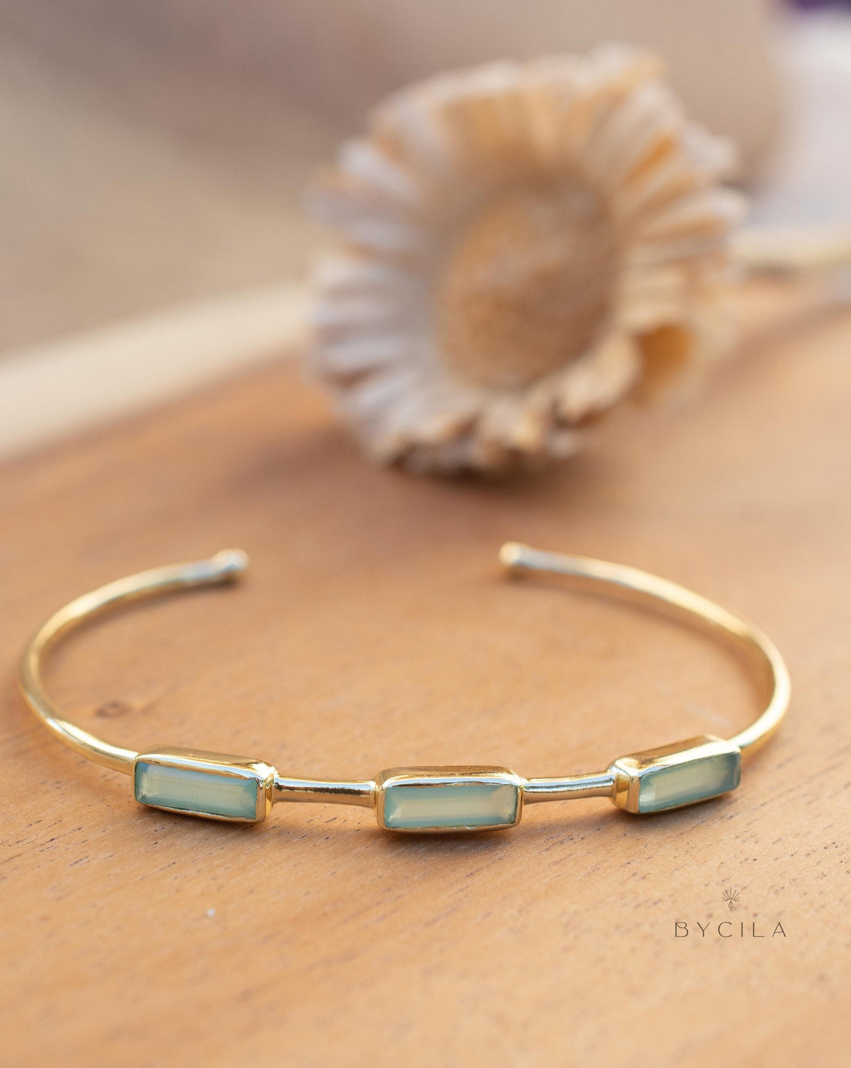 Aqua Chalcedony Bohemian Bangle Bracelet * Gold Plated * Gemstone * Gypsy * Adjustable * Statement * Stacking * Layering *BJB055