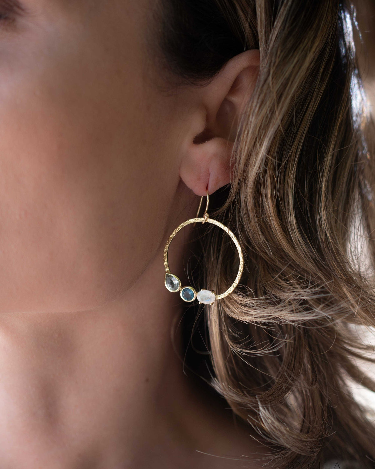 Blue Topaz, Iolite Hydro & Rainbow Moonstone Earrings * Geometric * Empty Circle * Handmade Gemstone * Dangle * Gold *Bohemian* Boho BJE100