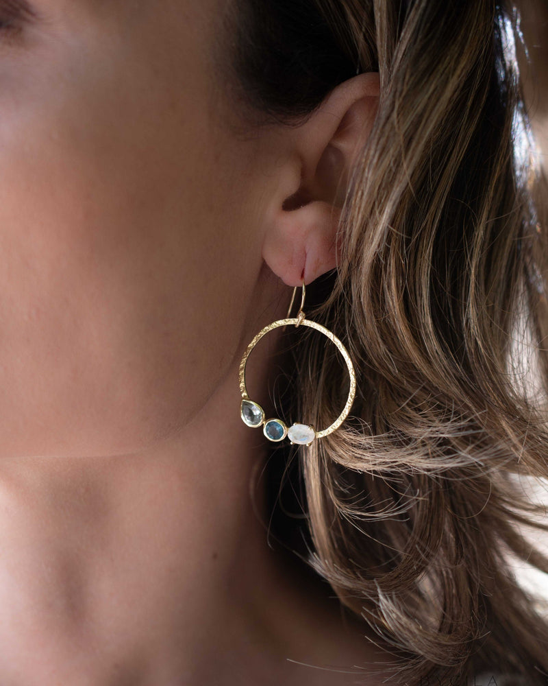 Blue Topaz, Iolite Hydro & Rainbow Moonstone Earrings * Geometric * Empty Circle * Handmade Gemstone * Dangle * Gold *Bohemian* Boho BJE100