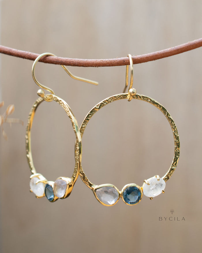 Rose Quartz, Iolite Hydro & Rainbow Moonstone Earrings * Geometric * Empty Circle * Handmade Gemstone * Dangle * Gold *Bohemian* Boho BJE261
