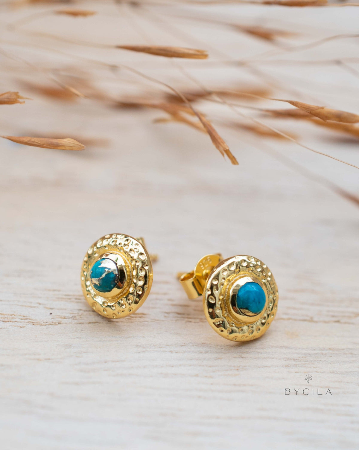 Copper Turquoise Stud Earrings* Gold Plated 18k * Post * Statement *Everyday *Lightweight * bohemian * ByCila * BJE256