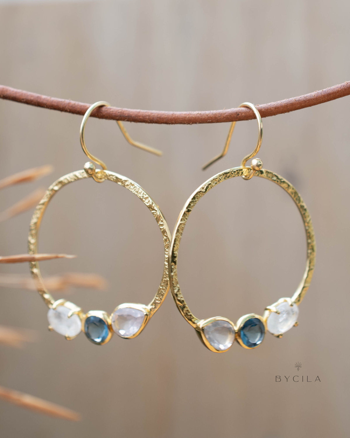 Rose Quartz, Iolite Hydro & Rainbow Moonstone Earrings * Geometric * Empty Circle * Handmade Gemstone * Dangle * Gold *Bohemian* Boho BJE261