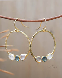 Rose Quartz, Iolite Hydro & Rainbow Moonstone Earrings * Geometric * Empty Circle * Handmade Gemstone * Dangle * Gold *Bohemian* Boho BJE261