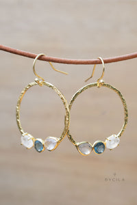 Rose Quartz, Iolite Hydro & Rainbow Moonstone Earrings * Geometric * Empty Circle * Handmade Gemstone * Dangle * Gold *Bohemian* Boho BJE261