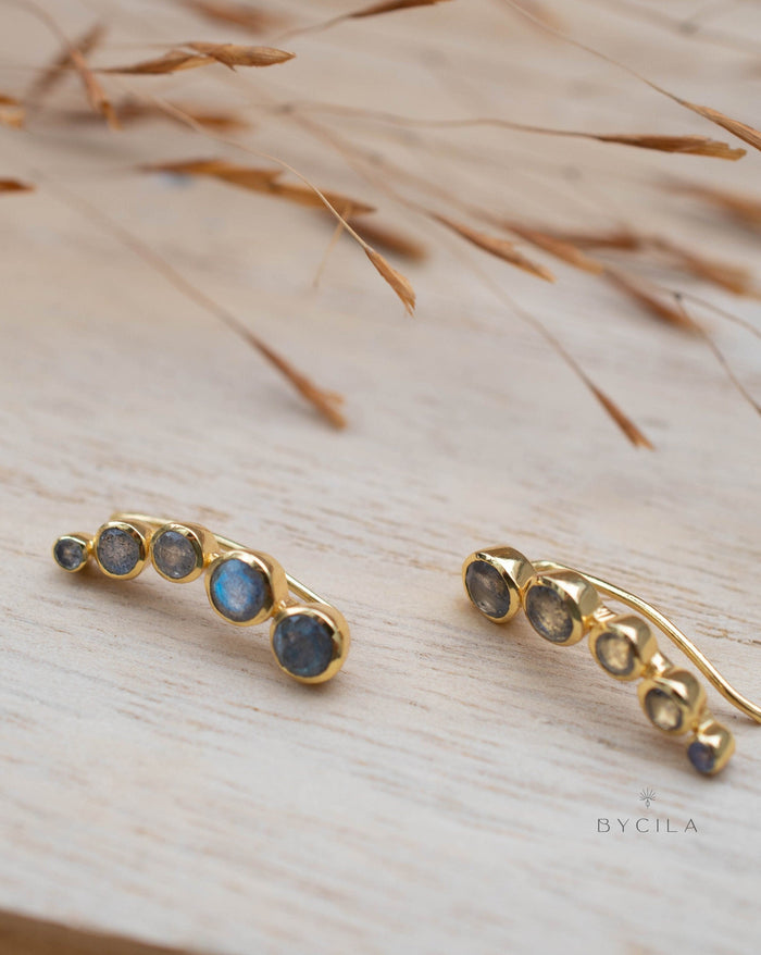 Labradorite Ear Climber Earrings* Gold Plated 18k * Post * Statement *Everyday *Lightweight * bohemian * ByCila * BJE258