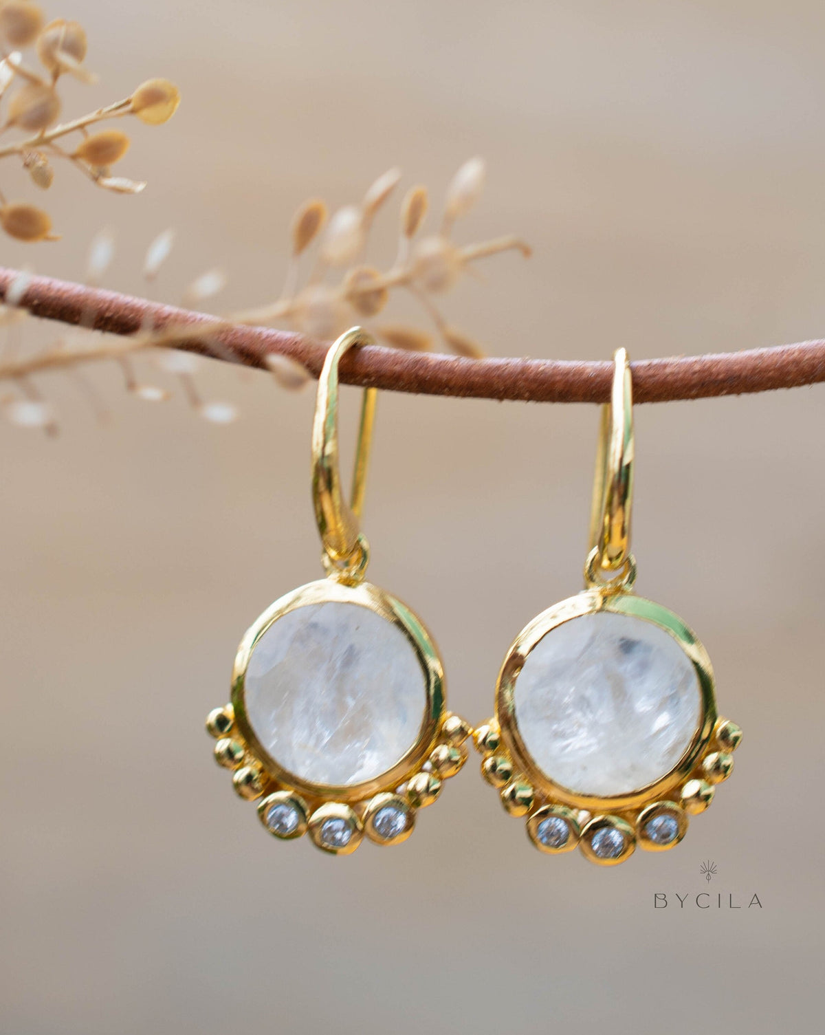 Moonstone & CZ Gold Plated Earrings * Gemstone * Earrings * Handmade * bridal earrings * Boho * wedding earrings * ByCila * BJE242