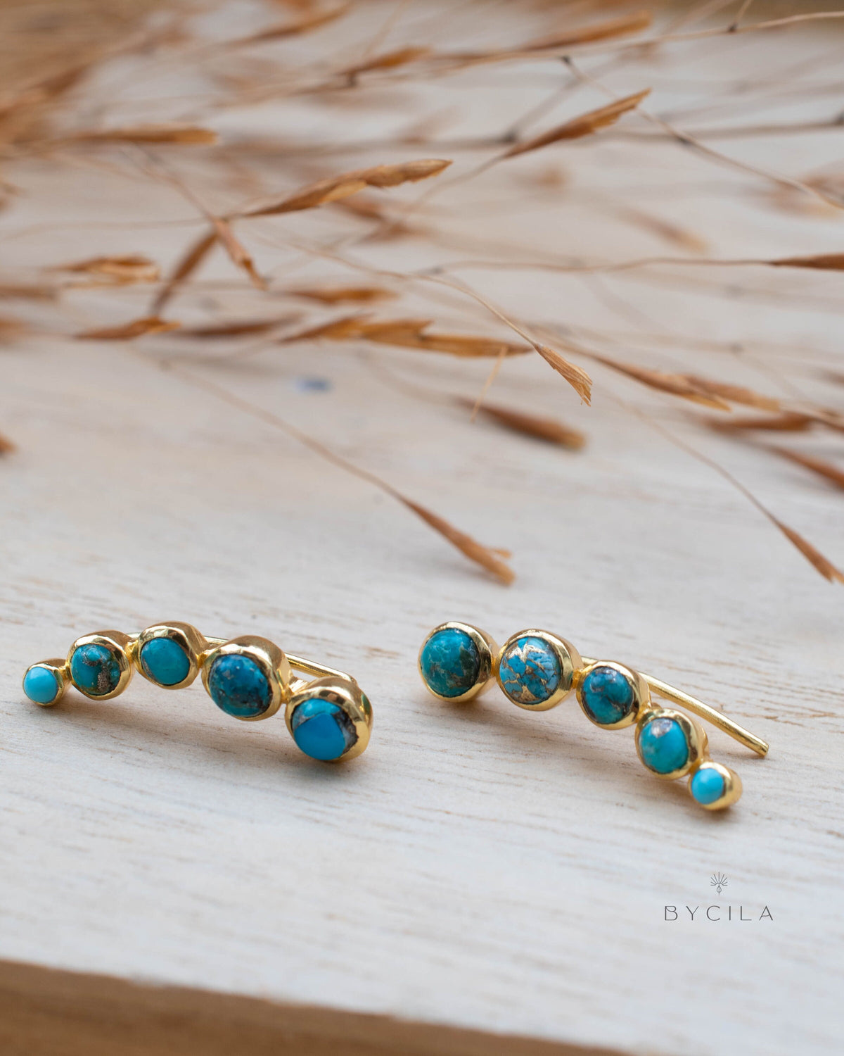 Copper Turquoise Ear Climber Earrings* Gold Plated 18k * Post * Statement *Everyday *Lightweight * bohemian * ByCila * BJE257