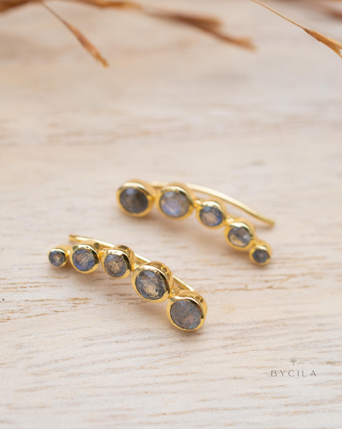 Labradorite Ear Climber Earrings* Gold Plated 18k * Post * Statement *Everyday *Lightweight * bohemian * ByCila * BJE258