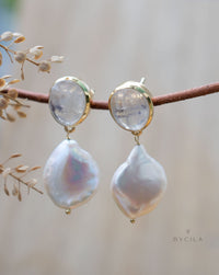 Moonstone & Pearl Stud Earrings Gold Plated 18k * Gemstone * Earrings * Rainbow Moonstone * Handmade * Boho * Modern * BJE