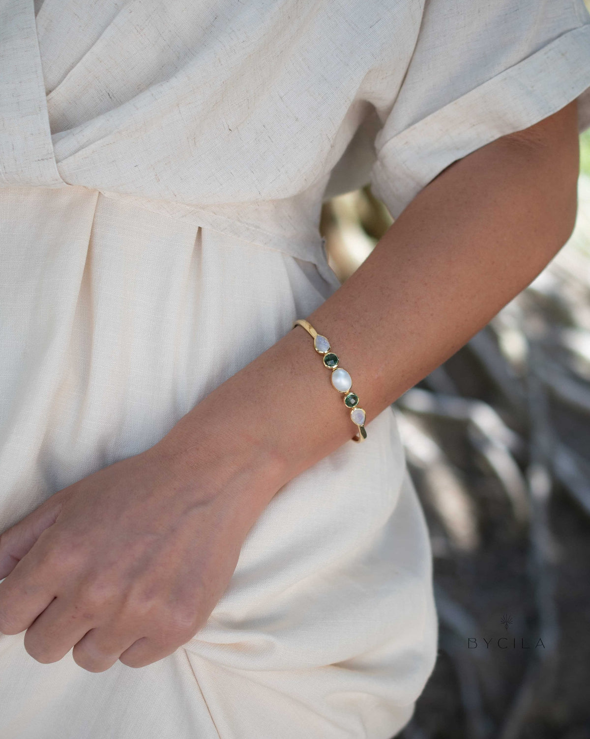 Pearl, Green Tourmaline hydro & Moonstone Bangle Bracelet * Gold Plated * Gemstone * Adjustable * BJB043