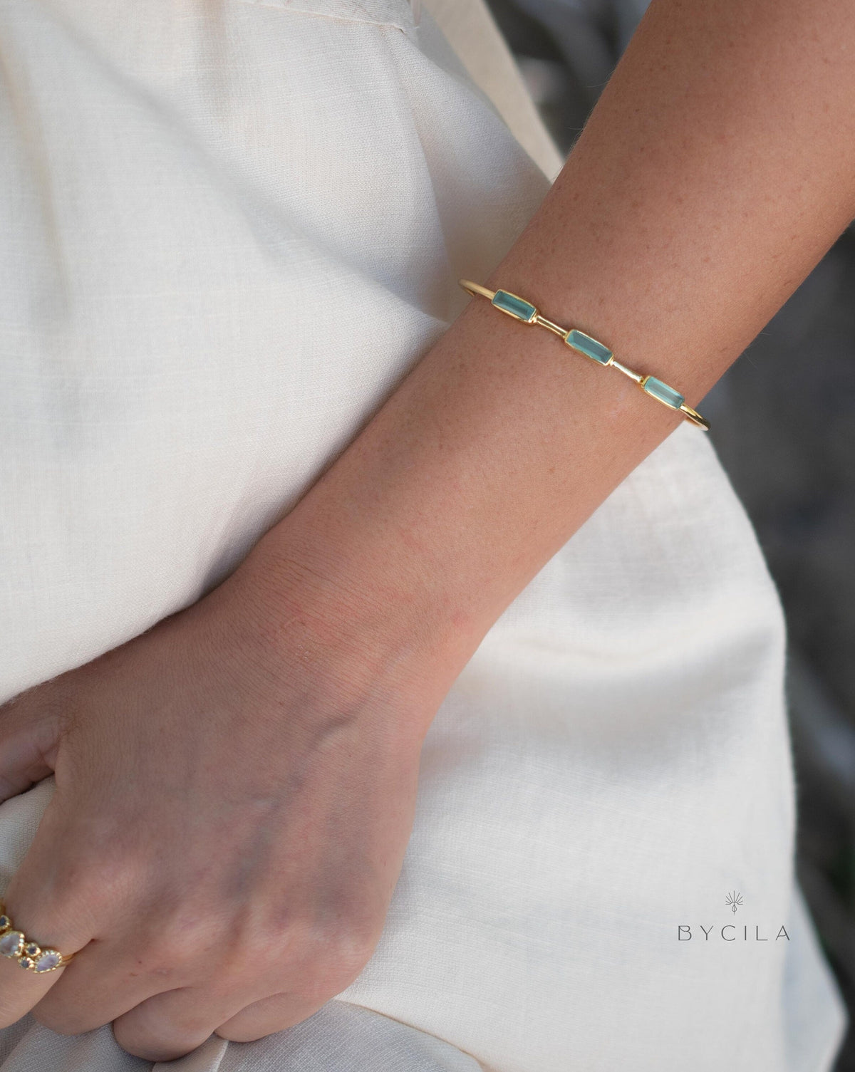 Aqua Chalcedony Bohemian Bangle Bracelet * Gold Plated * Gemstone * Gypsy * Adjustable * Statement * Stacking * Layering *BJB055