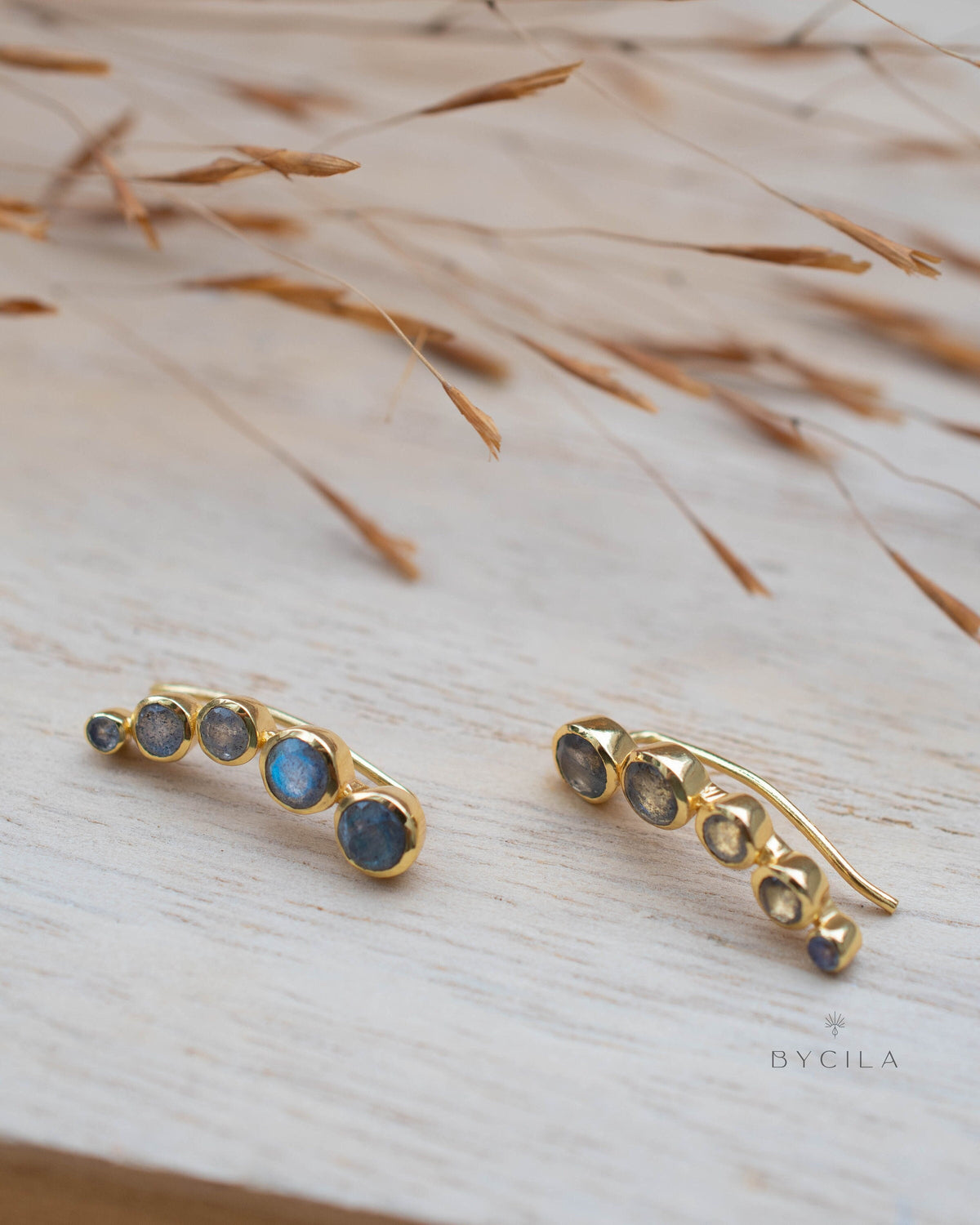 Labradorite Ear Climber Earrings* Gold Plated 18k * Post * Statement *Everyday *Lightweight * bohemian * ByCila * BJE258