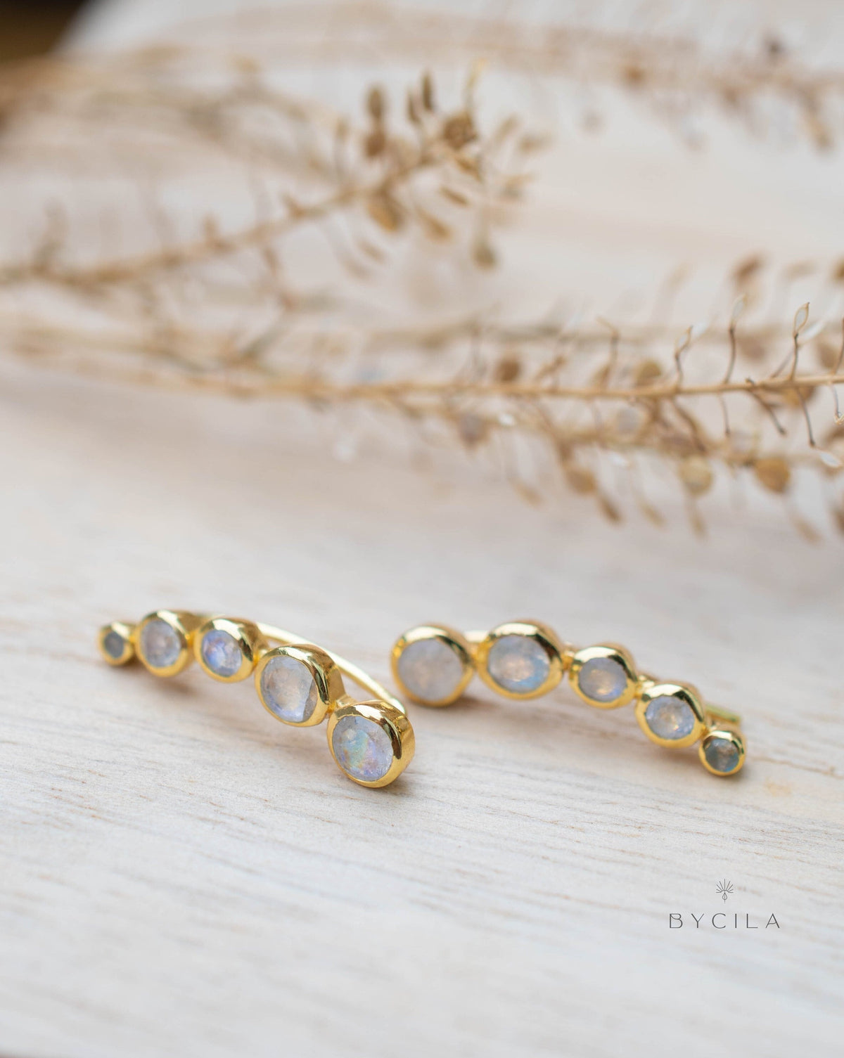 Moonstone Ear Climbers * Gold Plated 18k Earrings * Handmade Gemstone * ByCila* Lightweight * Boho * Gift* BJE259