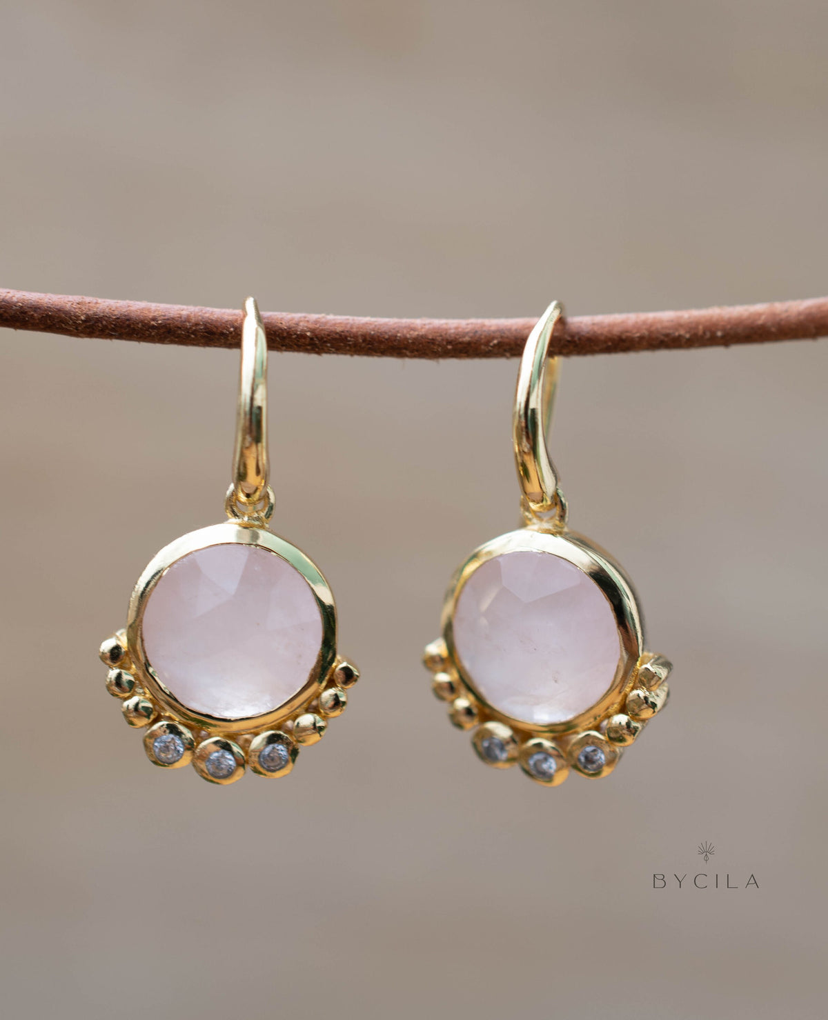 Rose Quartz & CZ Earrings Gold Plated 18k * Dangle * Gemstone * Natural * Minimalist * BJE241