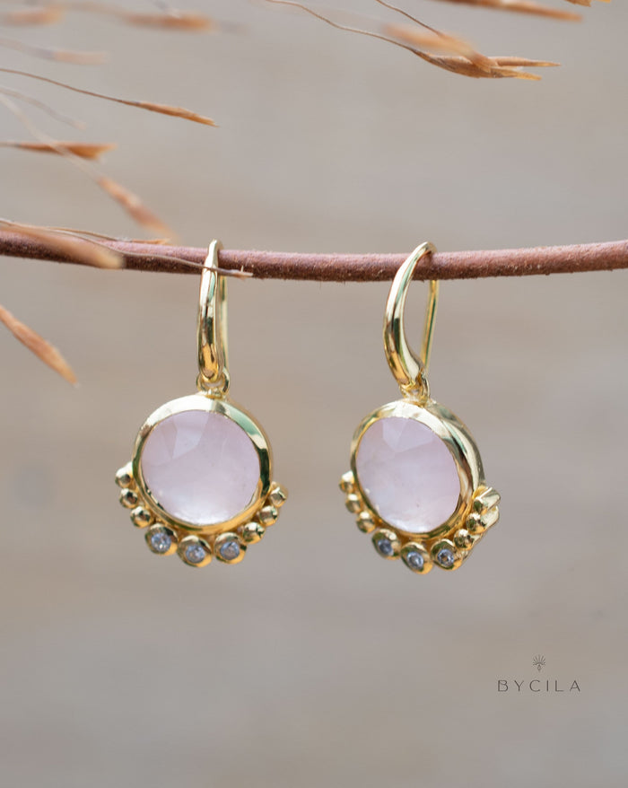 Rose Quartz & CZ Earrings Gold Plated 18k * Dangle * Gemstone * Natural * Minimalist * BJE241