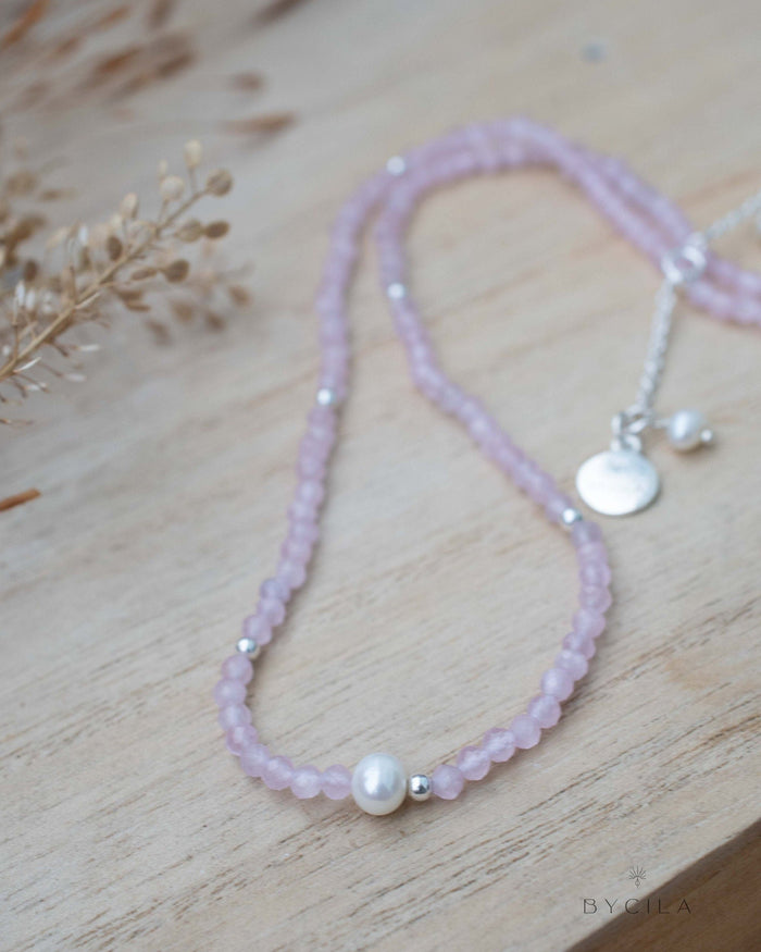 Rose Quartz Necklace & Pearl * Gold Plated or Sterling Silver* Handmade * Layered * Gemstone * Birthstone * Gift for Her *BJN177