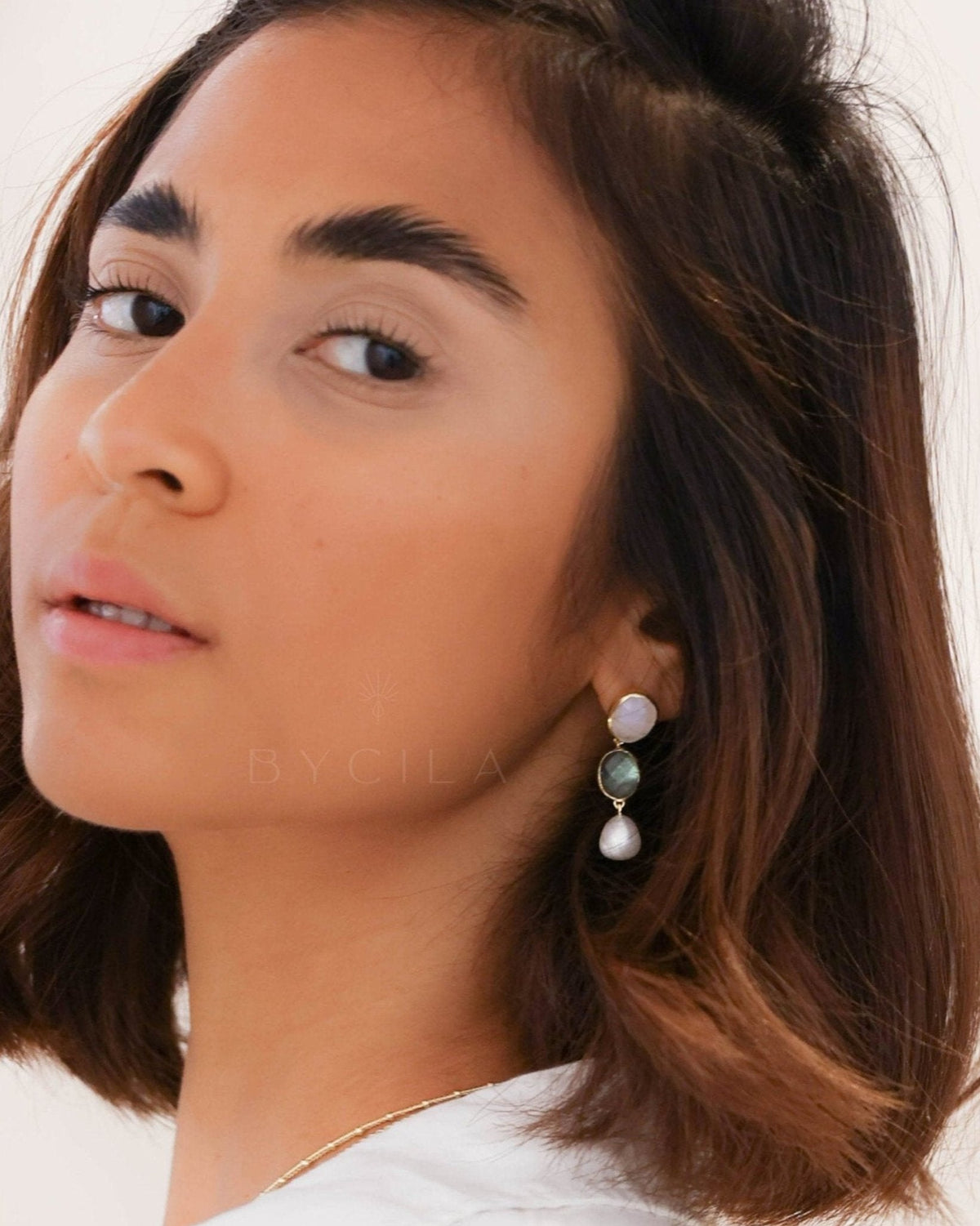 Moonstone, Labradorite & Pearl Stud Earrings Gold Plated 18k * Gemstone * Earrings * Rainbow Moonstone * Handmade * Boho * Modern * BJE266