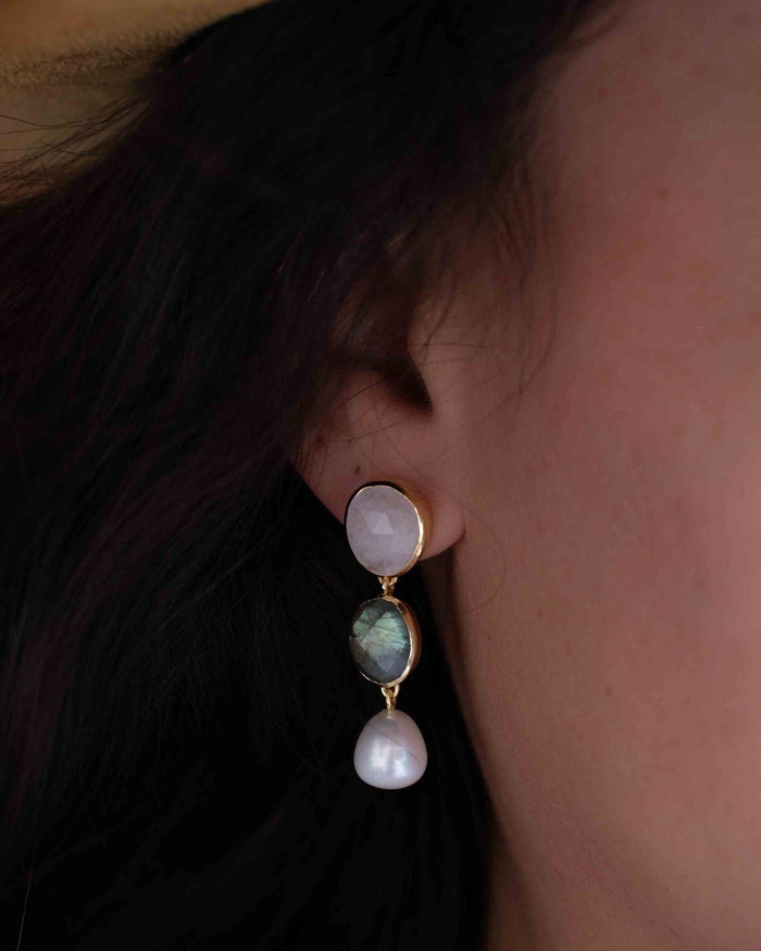 Moonstone, Labradorite & Pearl Stud Earrings Gold Plated 18k * Gemstone * Earrings * Rainbow Moonstone * Handmade * Boho * Modern * BJE266