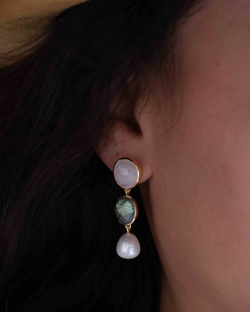 Moonstone, Labradorite & Pearl Stud Earrings Gold Plated 18k * Gemstone * Earrings * Rainbow Moonstone * Handmade * Boho * Modern * BJE266