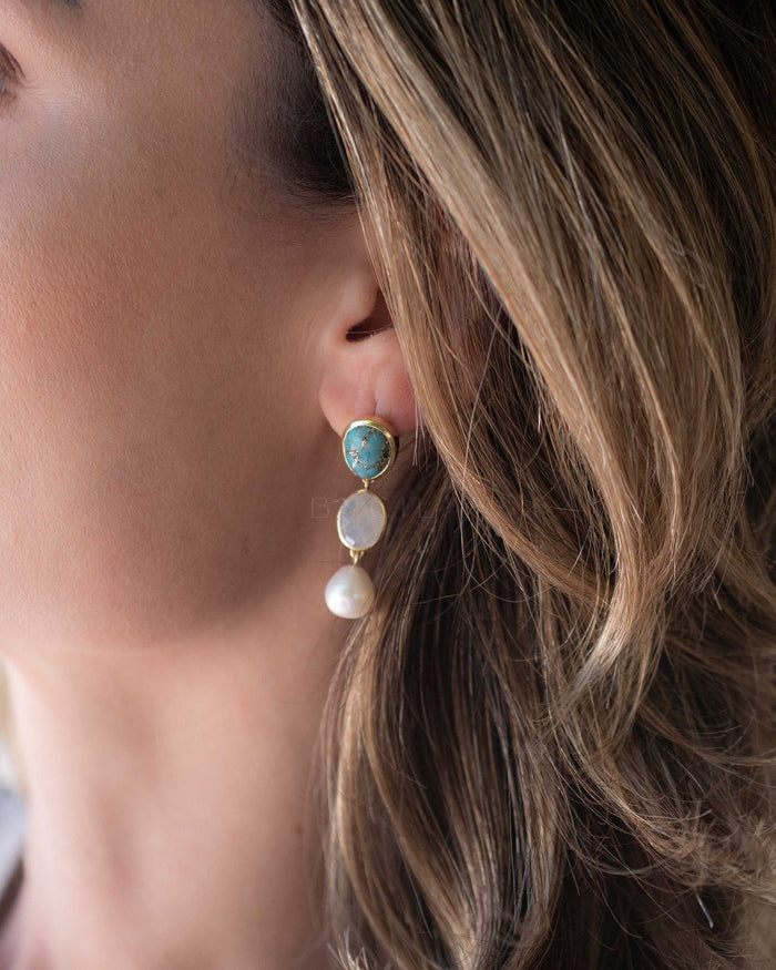 Copper Turquoise, Moonstone & Pearl Gold Plated 18k Earrings * Stud * Handmade *Boho *Modern* ByCila * Boho * Post* BJE267