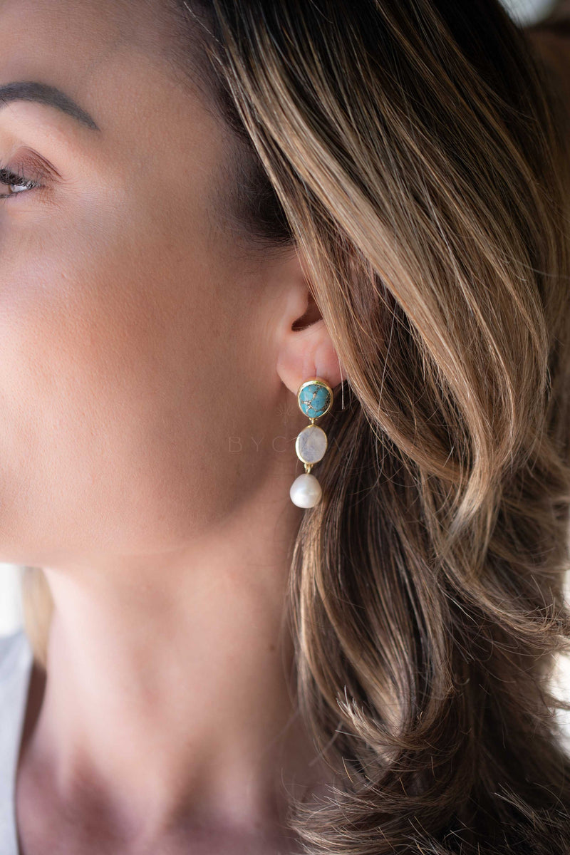 Copper Turquoise, Moonstone & Pearl Gold Plated 18k Earrings * Stud * Handmade *Boho *Modern* ByCila * Boho * Post* BJE267