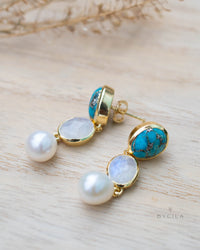 Copper Turquoise, Moonstone & Pearl Gold Plated 18k Earrings * Stud * Handmade *Boho *Modern* ByCila * Boho * Post* BJE267