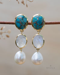 Copper Turquoise, Moonstone & Pearl Gold Plated 18k Earrings * Stud * Handmade *Boho *Modern* ByCila * Boho * Post* BJE267
