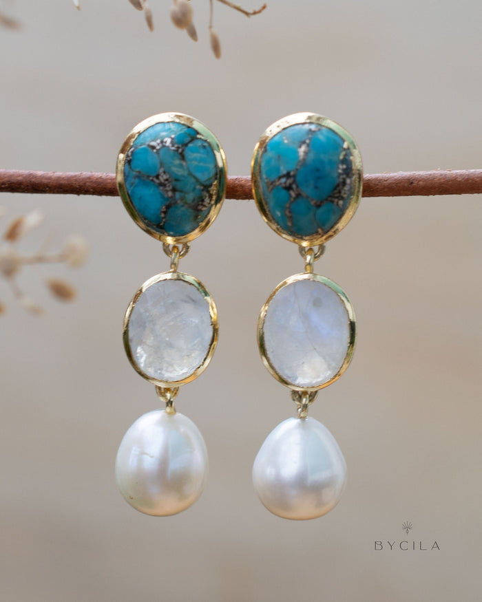 Copper Turquoise, Moonstone & Pearl Gold Plated 18k Earrings * Stud * Handmade *Boho *Modern* ByCila * Boho * Post* BJE267