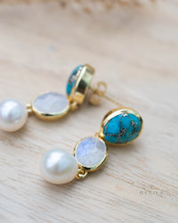 Copper Turquoise, Moonstone & Pearl Gold Plated 18k Earrings * Stud * Handmade *Boho *Modern* ByCila * Boho * Post* BJE267