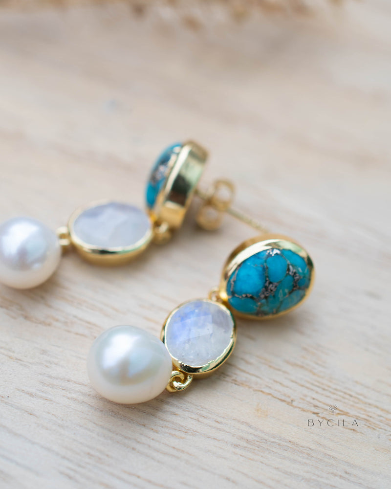 Copper Turquoise, Moonstone & Pearl Gold Plated 18k Earrings * Stud * Handmade *Boho *Modern* ByCila * Boho * Post* BJE267