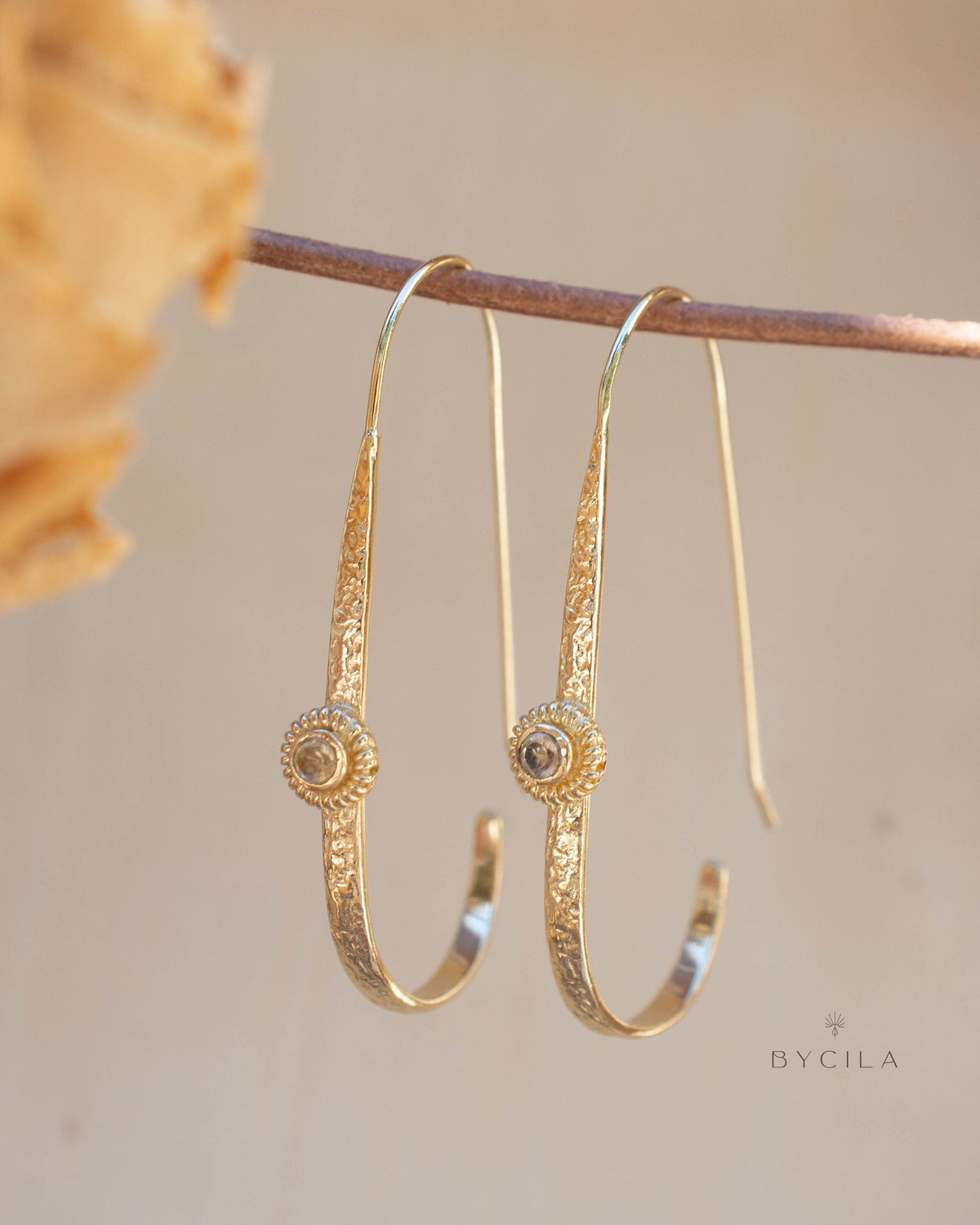 Citrine Earrings Gold Plated 18k * Dangle * Gemstone * Hammered * Statement * Every day * ByCila * Boho * Bohemian *Gift BJE200