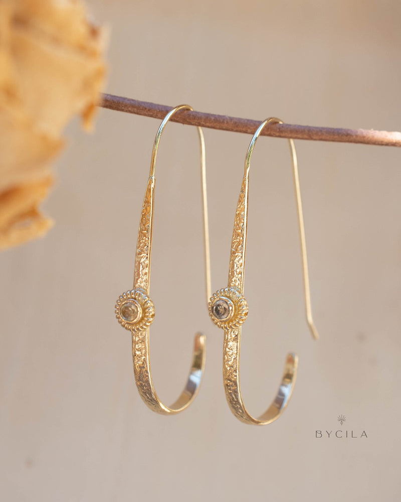 Citrine Earrings Gold Plated 18k * Dangle * Gemstone * Hammered * Statement * Every day * ByCila * Boho * Bohemian *Gift BJE200