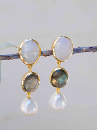 Moonstone, Labradorite & Pearl Stud Earrings Gold Plated 18k * Gemstone * Earrings * Rainbow Moonstone * Handmade * Boho * Modern * BJE266