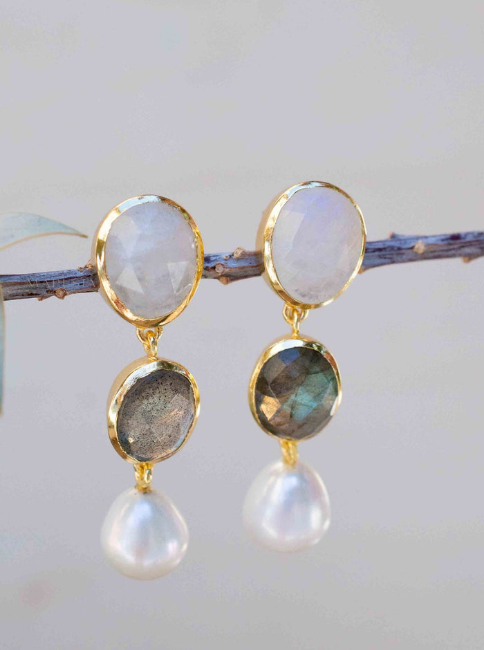 Moonstone, Labradorite & Pearl Stud Earrings Gold Plated 18k * Gemstone * Earrings * Rainbow Moonstone * Handmade * Boho * Modern * BJE266