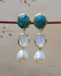 Copper Turquoise, Moonstone & Pearl Gold Plated 18k Earrings * Stud * Handmade *Boho *Modern* ByCila * Boho * Post* BJE267