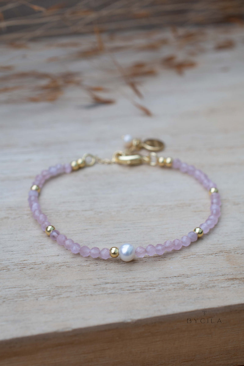 Rose Quartz & Pearl Bracelet * Gold Plated or Sterling Silver* Handmade * Layered * Gemstone * Birthstone * Gift for Her *BJB067
