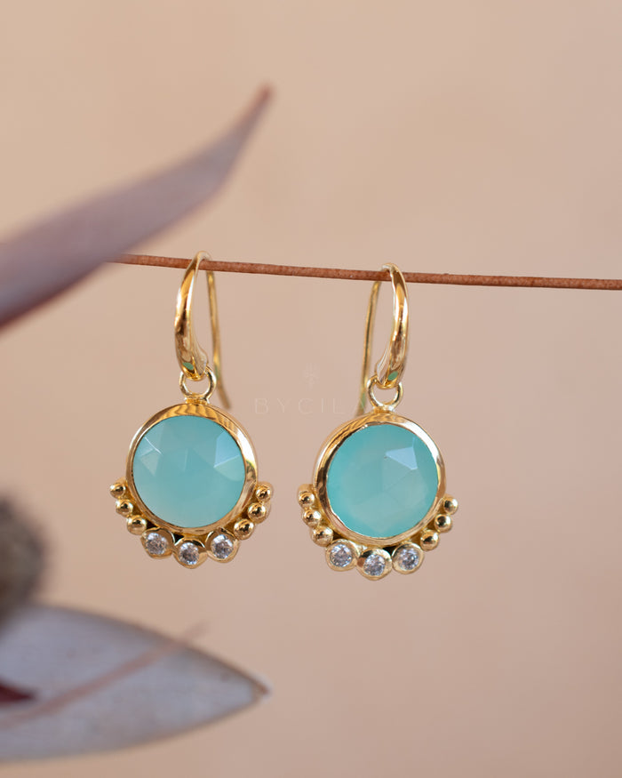 Edil Earrings * Aqua Chalcedony hydro & CZ * Earrings * Gold Plated 18k * BJE242