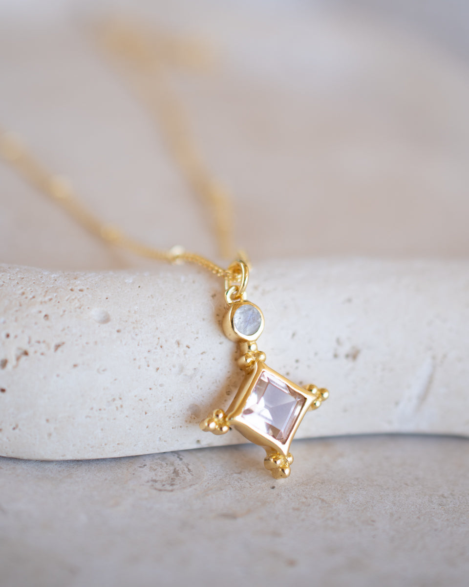 Laila Necklace * Morganite hydro & Moonstone* Gold Plated 18k * BJN204