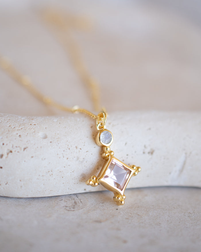 Laila Necklace * Morganite hydro & Moonstone* Gold Plated 18k * BJN204