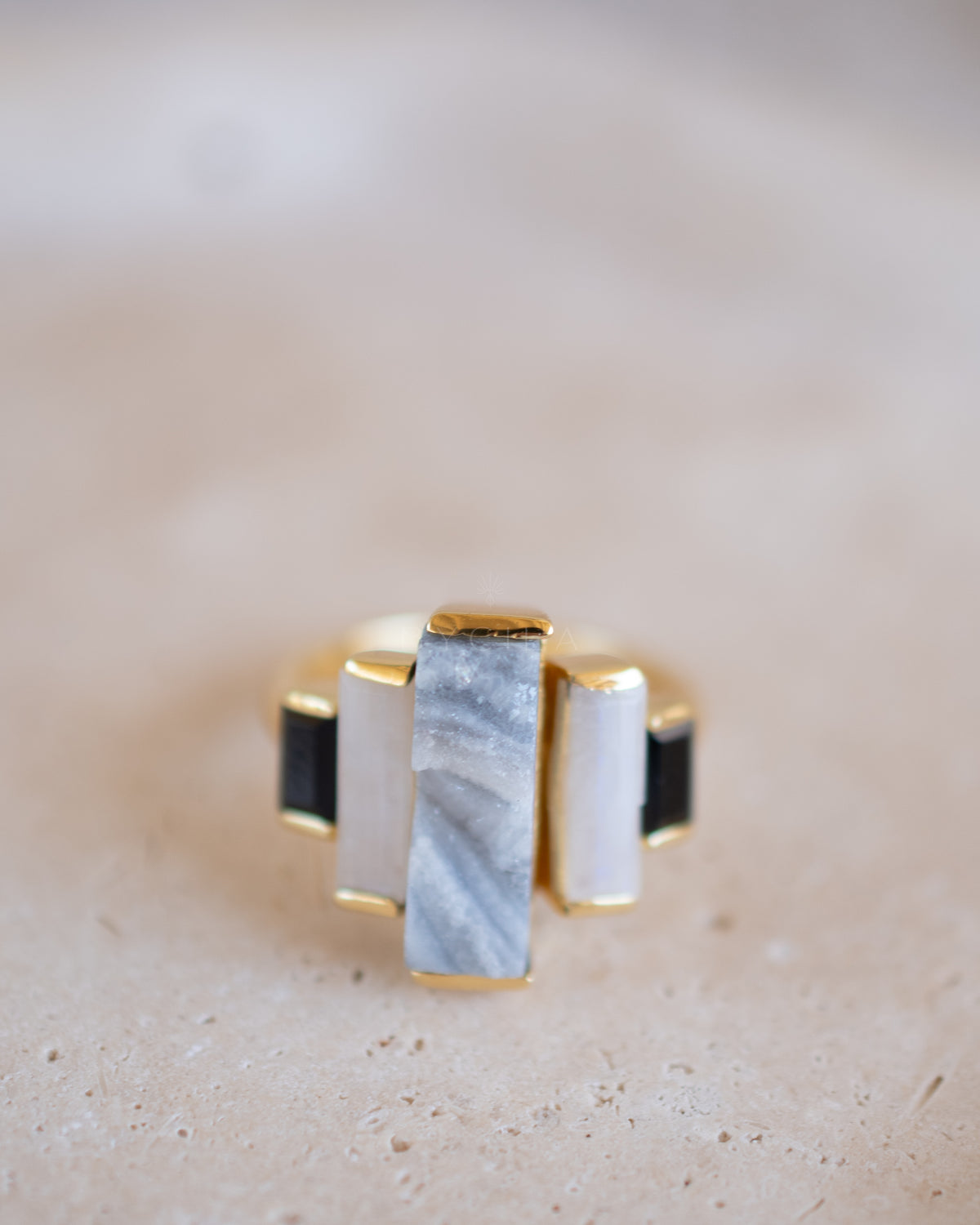 Nady Ring * Druzy, Moonstone & Black Onyx * Gold Plated 18k * BJR099