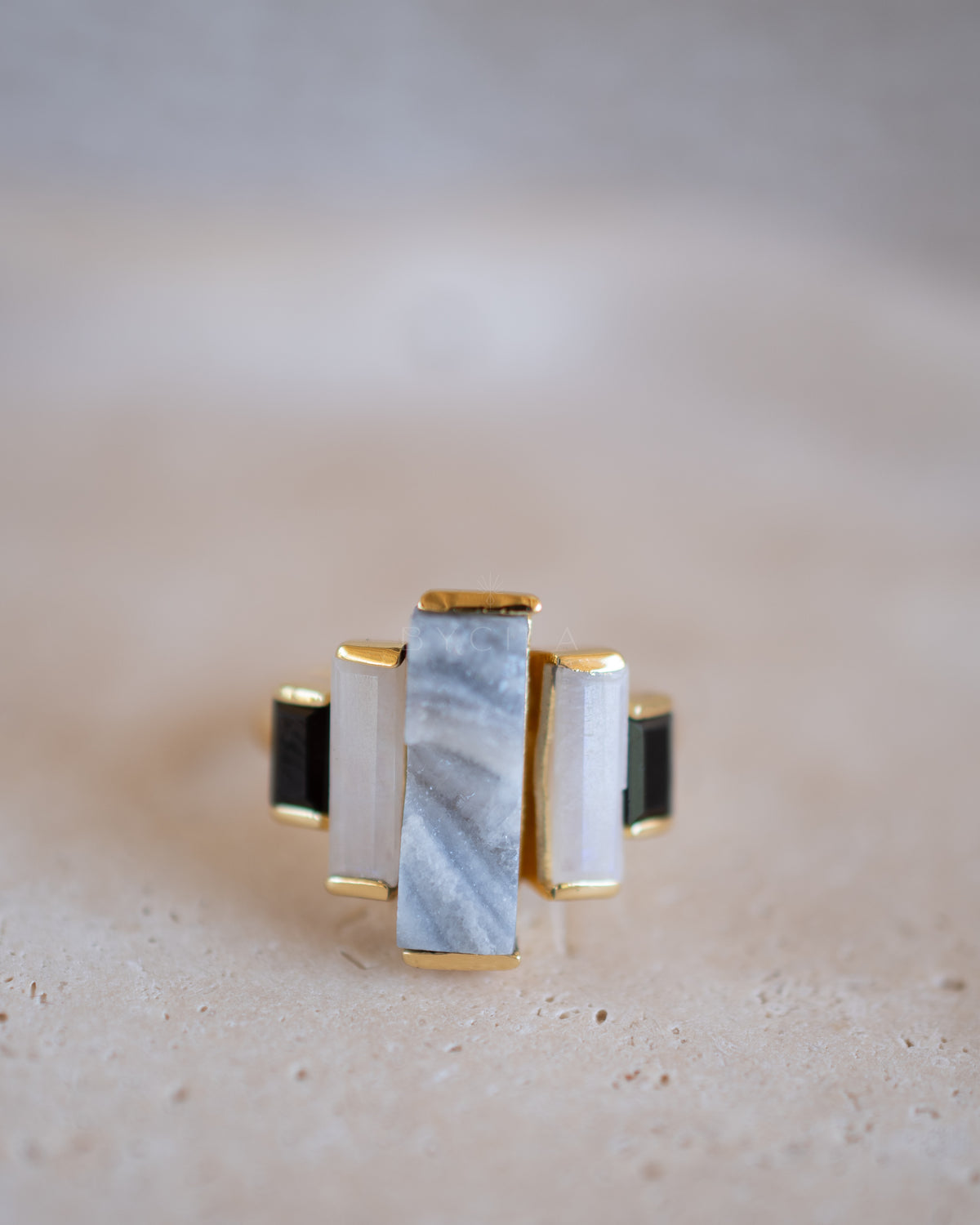 Nady Ring * Druzy, Moonstone & Black Onyx * Gold Plated 18k * BJR099