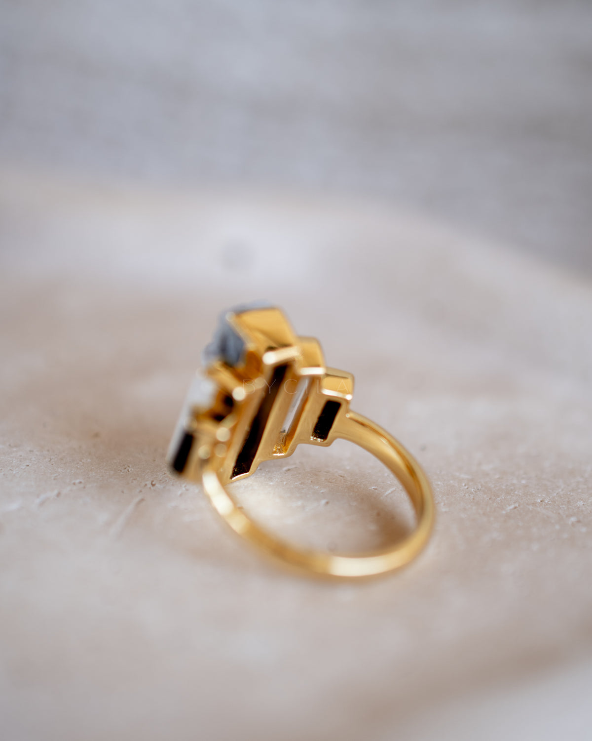 Nady Ring * Druzy, Moonstone & Black Onyx * Gold Plated 18k * BJR099