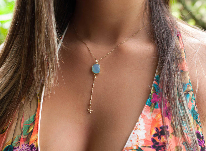 Vichy Y Necklace * Blue Chalcedony * Gold Plated over Sterling Silver * BJN082