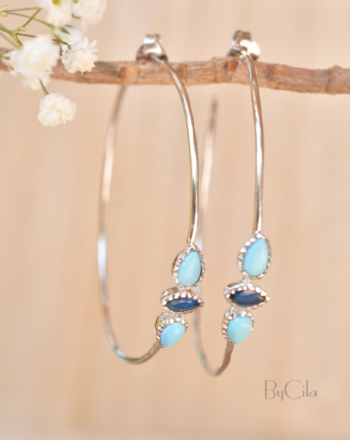 Yeda Hoop Earrings * Turquoise & Sapphire * Gold Plated 18k, Rose Gold Plated or Silver Plated * BJE018B