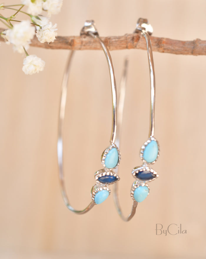 Yeda Hoop Earrings * Turquoise & Sapphire * Gold Plated 18k, Silver Plated or Rose Gold Plated * BJE018A