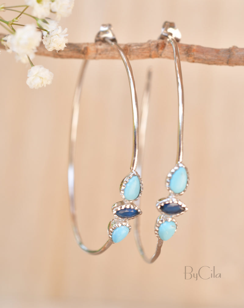 Yeda Hoop Earrings * Turquoise & Sapphire * Gold Plated 18k, Silver Plated or Rose Gold Plated * BJE018A